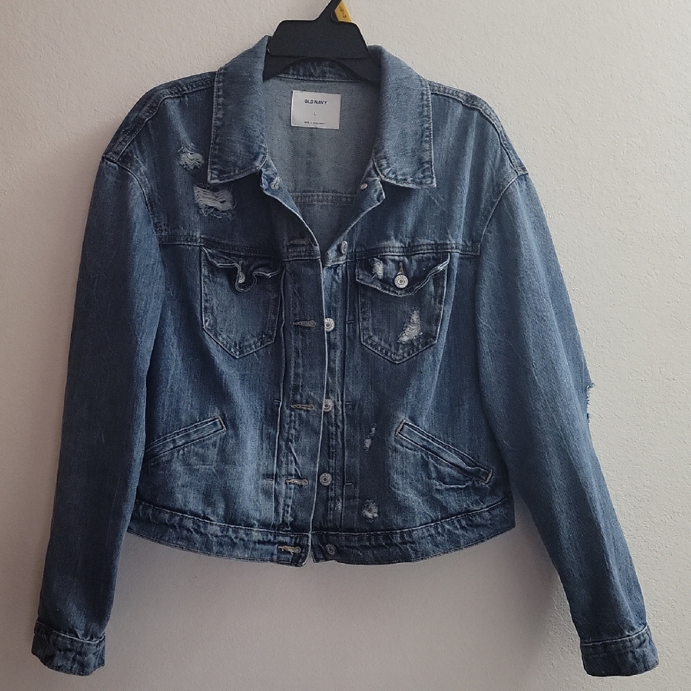 Old Navy Distressed Cropped  Blue Denim Jacket